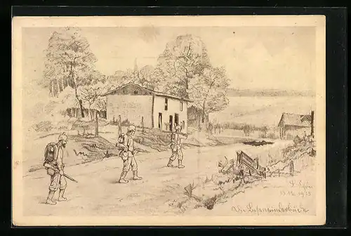 Künstler-AK Die Besenbinderbude im Argonnerwald, Soldaten in Uniform