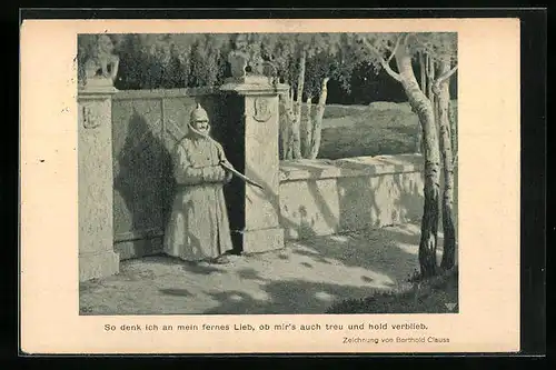 AK Deutscher Infanterist auf Wache mit Mantel und Pickelhaube