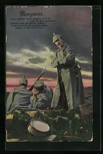 Künstler-AK Soldaten auf Wacht beim Beobachten des Sonnenaufganges