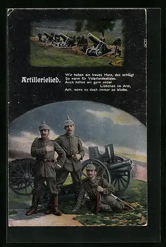 Künstler-AK Soldaten mit Geschützen, Liedtext des Artillerieliedes