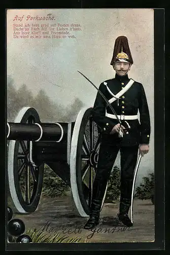 Künstler-AK Soldat der Artillerie nebst einem zeitgenössischen Geschütz