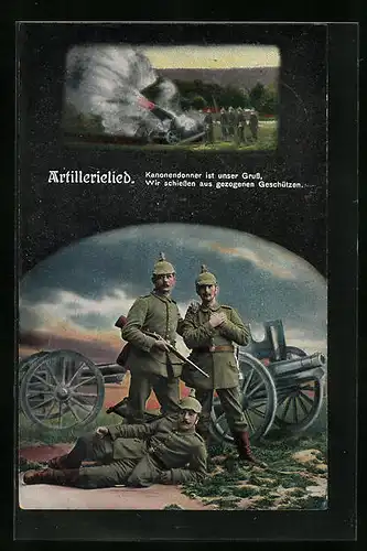 Künstler-AK Soldaten mit Geschützen, Liedtext des Artillerieliedes