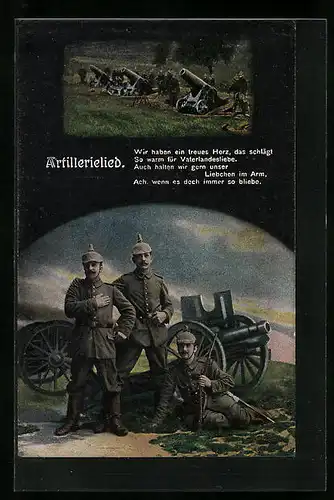 Künstler-AK Soldaten mit Geschützen, Liedtext des Artillerieliedes
