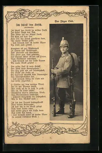 AK Kindlicher Soldat in übergrosser Uniform mit Liedtext des Jägerliedes Ich schiess` den Hirsch