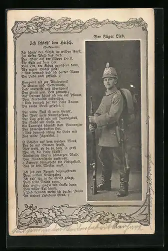 AK Kindlicher Soldat in übergrosser Uniform mit Liedtext des Jägerliedes Ich schiess` den Hirsch