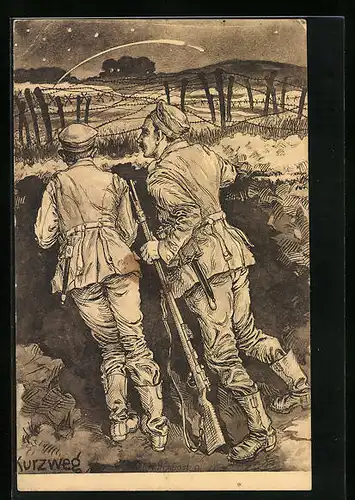 Künstler-AK sign. Kurzweg: Soldaten auf nächtlicher Wacht am Horchposten