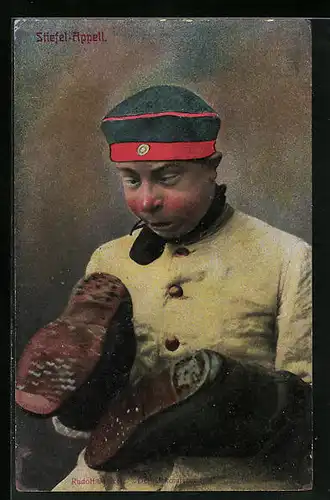 Künstler-AK Der Urkomische, Beschränkt blinkender Soldat mit roter Nase