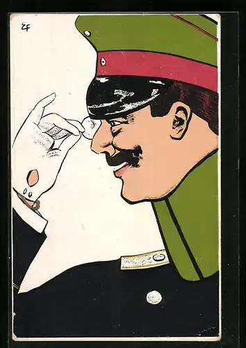 Künstler-AK Profilansicht eines deutschen Soldaten mit Monokel und Schirmmütze