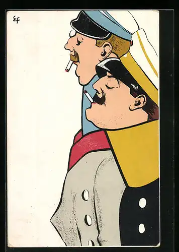 Künstler-AK Profilansicht eines Soldaten und eines Matrosen bei einer Zigarettenpause