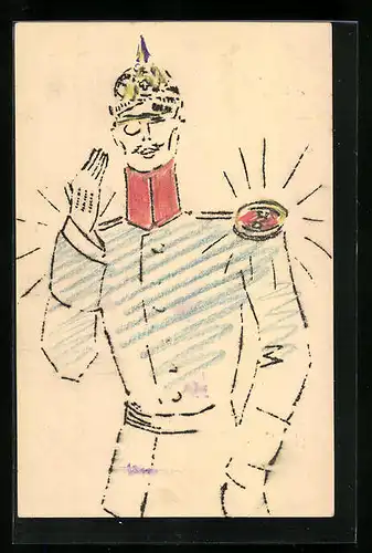 Künstler-AK Soldat in Uniform mit verzierter Pickelhaube und strahlenden Epauletten