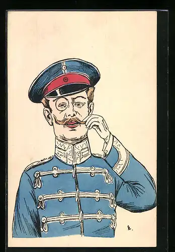 Künstler-AK Soldat in Husarenuniform seinen Moustache zwirbelnd