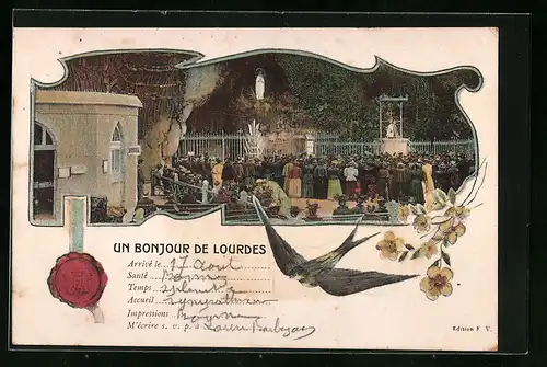 Künstler-AK Lourdes, Pilger vor dem Eingang der Grotte