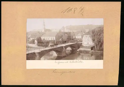 Fotografie Brück & Sohn Meissen, Ansicht Lunzenau, Pferdekarren auf der Muldenbrücke mit Blick in die Stadt
