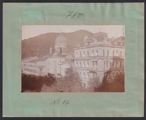 Fotografie Brück & Sohn Meissen, Ansicht Karlsbad, Blick auf die Synagoge und Hotel Columbus