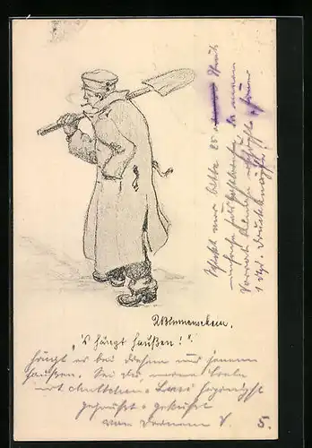 Künstler-AK Soldat mit geschulterter Schaufel