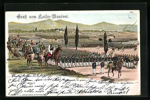 Lithographie Kaisermanöver, Truppen paradieren an Kaiser Wilhelm II. vorbei