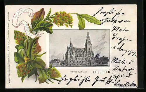 Passepartout-Lithographie Elberfeld, Neues Rathaus, Blumen mit Duft