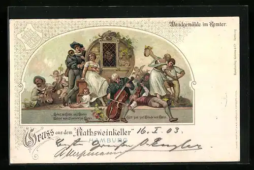 Lithographie Hamburg, Gasthaus Ratsweinkeller - Gemälde im Remter