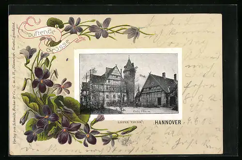 Passepartout-Lithographie Hannover, Lister Thurm, Blumen mit Duft