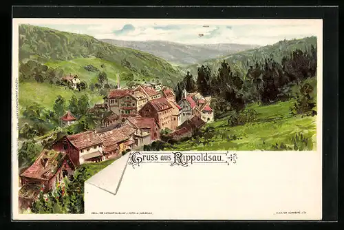 Lithographie Rippoldsau, Ortsansicht mit Umgebung aus der Vogelschau