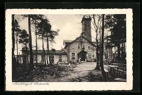 AK Chemnitz, Gasthaus Adelsbergturm - Gebäudeansicht mit Garten