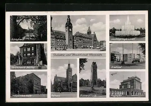 AK Chemnitz, Versteinerte Bäume, Industrieschule, Flughafen, Stadtbad