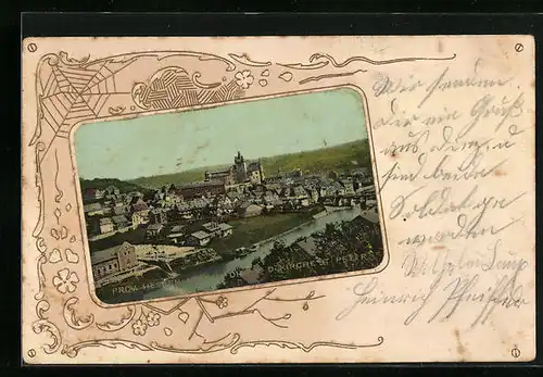 Passepartout-AK Diez, Ortsansicht von der Kirche St. Peter, Geprägte Ornamente