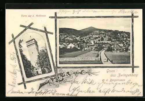 Passepartout-AK Zwingenberg /Bergstrasse, Ortsansicht mit Landstrasse, Turm auf dem Melibocus