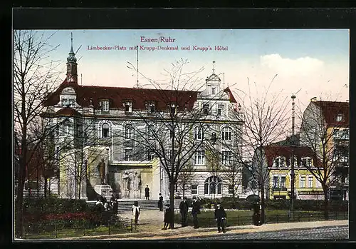AK Essen / Ruhr, Limbecker-Platz mit Krupp-Denkmal und Krupp's Hotel