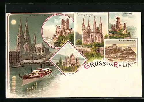 Mondschein-Lithographie Köln, Dom und Rheindampfer, Abtei Laach, Godesberg
