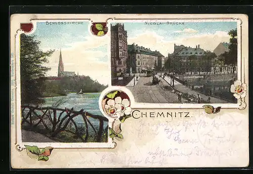 Passepartout-Lithographie Chemnitz, Schlosskirche und Nicolai-Brücke