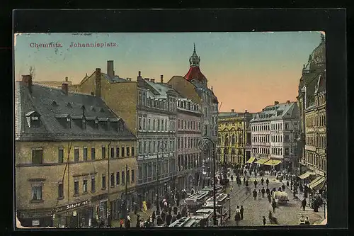 AK Chemnitz, Partie am Johannisplatz mit Strassenbahnen