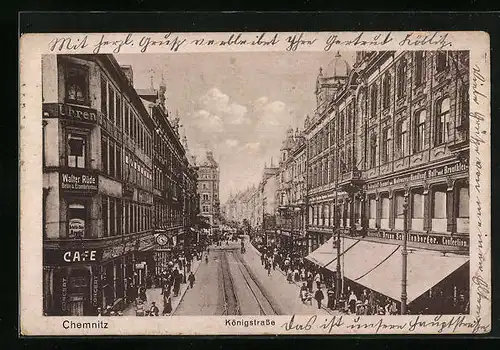 AK Chemnitz, Königstrasse mit Passanten und Geschäften
