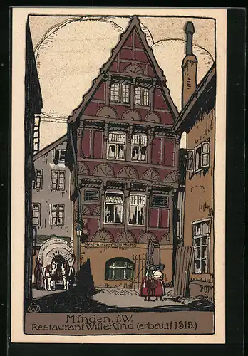 Steindruck-AK Minden i. W., Restaurant Wittekind