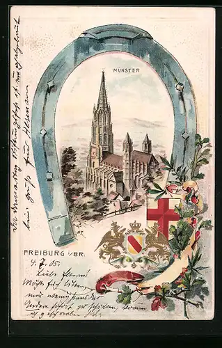 Passepartout-Lithographie Freiburg i. Br., Münster von Hufeisen gerahmt, Wappen