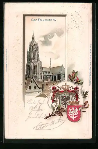 Passepartout-Lithographie Alt-Frankfurt, Dom im Stadtbild, Wappen