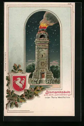 Passepartout-Lithographie Porta Westfalica, Bismarcksäule auf dem Jacobsberge, Wappen