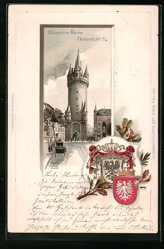 Passepartout-Lithographie Frankfurt a. M., Eschenheimer Thurm, Wappen