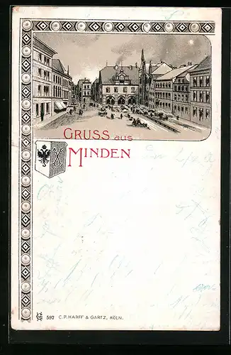 Lithographie Minden i. W., Marktplatz mit historischem Rathaus