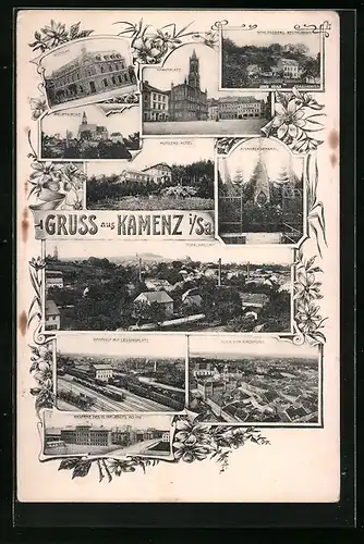 AK Kamenz i. Sa., Post, Marktplatz, Bahnhof am Lessingplatz