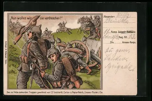 Künstler-AK Nun wollen wir sie verdreschen, Soldaten auf dem Schlachtfeld, Propaganda 1. Weltkrieg