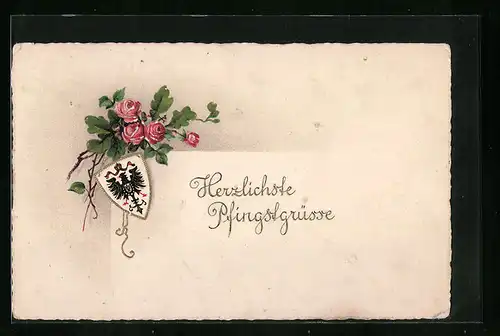 Präge-AK Pfingstgrüsse, Rosen mit Wappen