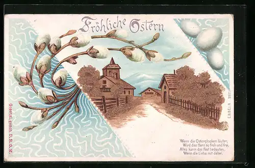 Kork-AK Dorfpartie mit Palmkätzchen