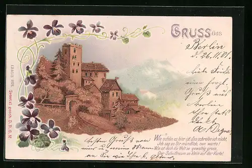 Kork-AK Dorfpartie mit Burg und Veilchen-Dekor