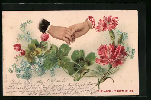 Duft-AK Sich haltende Hände mit Kleeblättern und Blüten, mit Blumenduft
