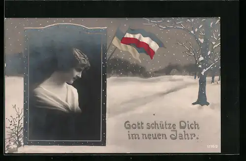 Künstler-AK Schneelandschaft mit dt. u. österr. Fahnen, Frauenportrait - Neujahrsgruss