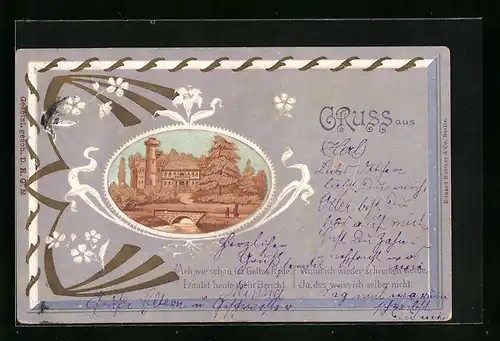 Kork-AK Turmgebäude hinter einer kleinen Brücke, Ornamente