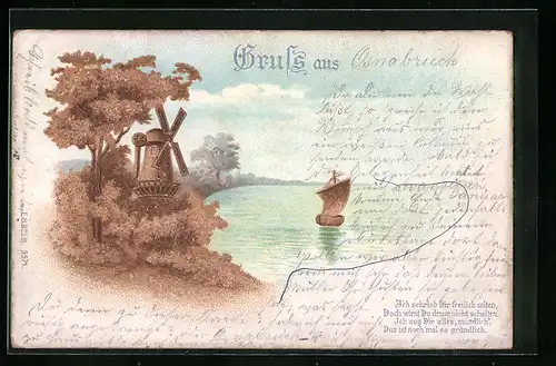 Kork-AK Windmühle an einem See mit Segelboot