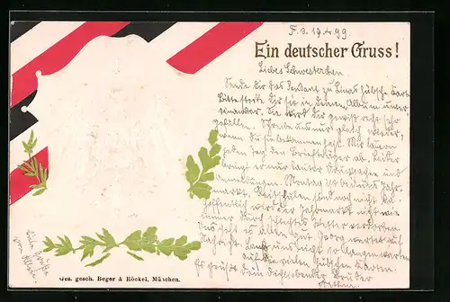 Präge-AK Deutsches Wappen über Banderole in Nationalfarben