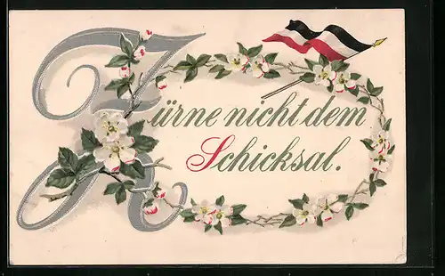 Lithographie Zürne nicht dem Schicksal - Blumengirlande mit Nationalflagge